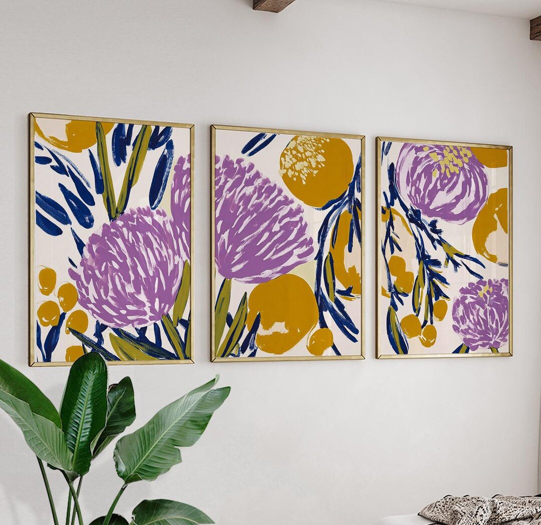 Purple Yellow Botanical Wall Art Set | Abstract Floral Triptych Posters ...