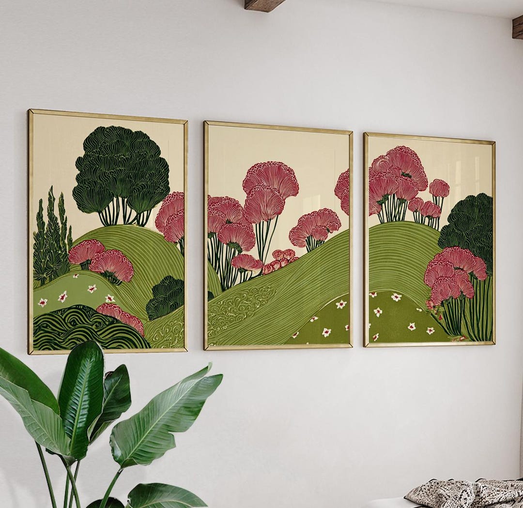 Green Botanical Landscape Posters Set of 3 | Floral Wall Art Triptych ...