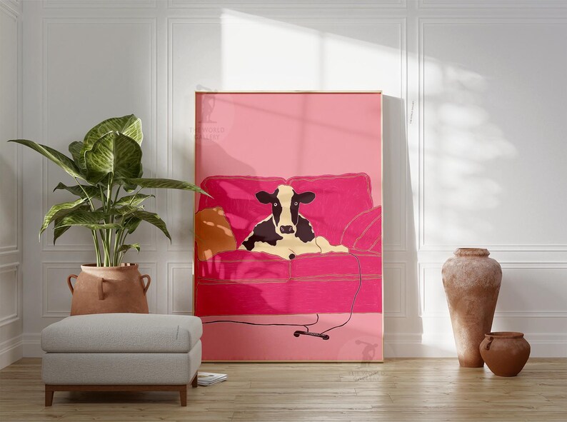 Pink Cow Poster | Minimalist Animal Illustration | Naive Line Art Wall ...