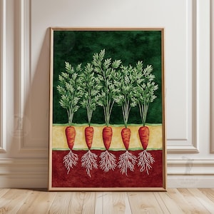 May include: A framed watercolor print of five carrots. The carrots are orange with green leafy tops and white roots. The background is divided into three horizontal sections: dark green, tan, and dark red. The artwork is in a wooden frame.