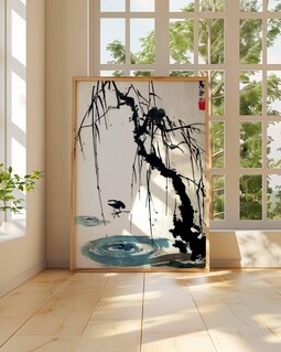 日本の水墨画、禅柳の木のアート、ミニマリストな侘び寂びのプリント
