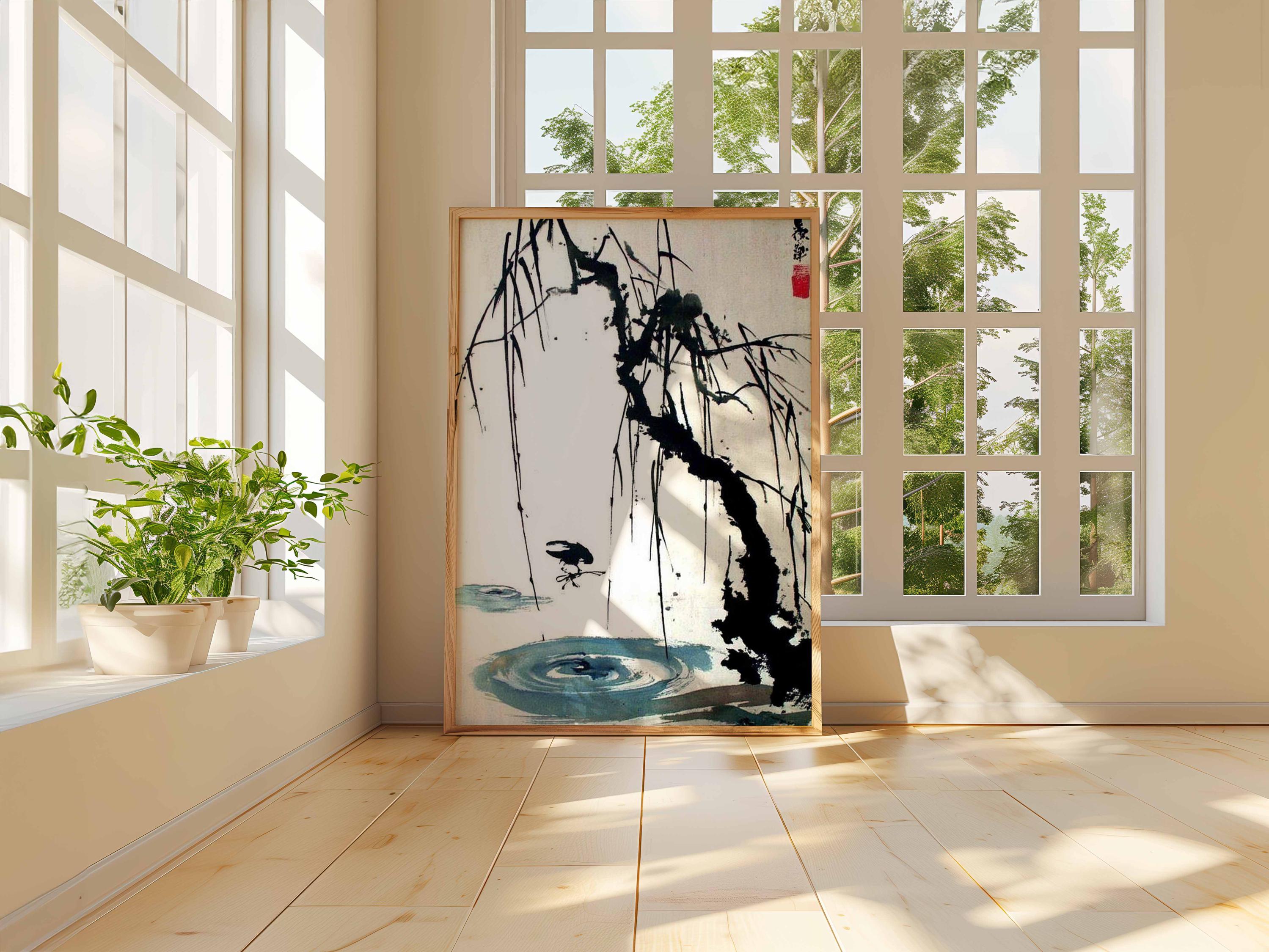 日本の水墨画、禅柳の木のアート、ミニマリストな侘び寂びのプリント