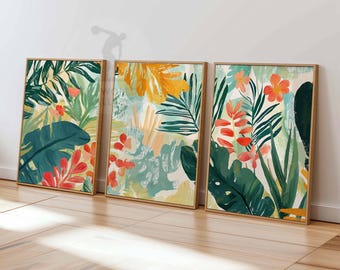 May include: Three framed prints with a tropical theme. The prints feature a colorful abstract design of green leaves, orange flowers, and red flowers.