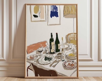 Modern Dining Table Wall Art Print, Wine and Food Illustration Poster, Contemporary Kitchen Decor, Dinner Party Artwork