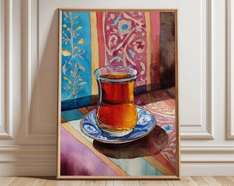Impression d'art de thé turc, affiche déco du Moyen-Orient, peinture aquarelle sur verre de thé, art mural motif oriental, décoration chaleureuse de cuisine ou de café