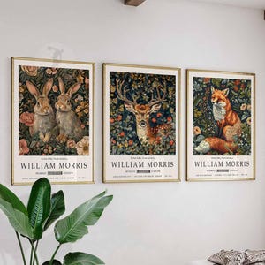 Juego de 3 carteles de William Morris, grabados de William Morris, grabados de animales, carteles florales, decoración botánica, arte de los jardines de Kew, arte floral