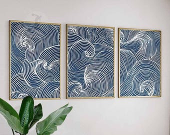 Set of 3 Japanese Wave Wall Art Prints, Blue Ocean Line Art Posters, Modern Coastal Wall Decor Inspired by Japan