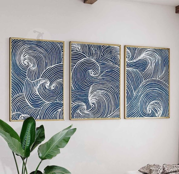 Japanese Wave Art Prints, Blue Ocean Line, Coastal Decor Set of 3