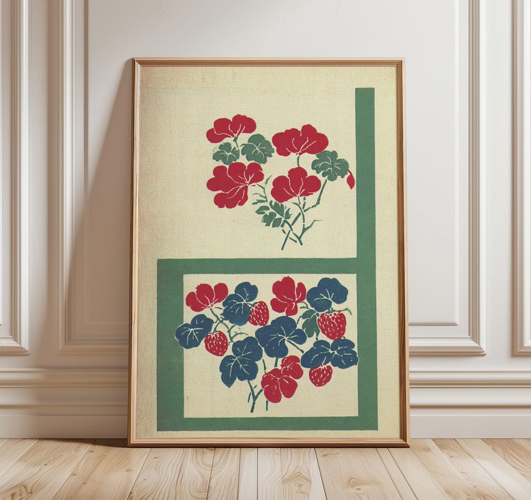 Japanese Botanical Print, Red Flower and Strawberry Art, Asian Decor - Etsy