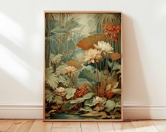 Póster botánico de la selva tropical, lámina artística de plantas verdes