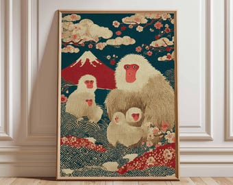 Japanese Snow Monkey Print, Macaque Family, Cherry Blossom Oriental Art