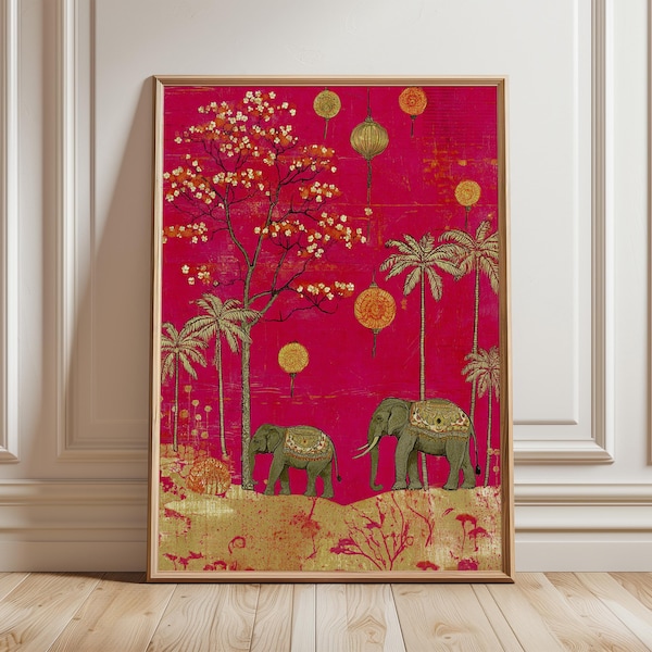 Estampado floral de elefante indio, arte mural bohemio oriental