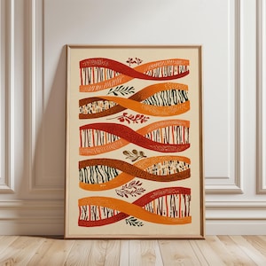 May include: Framed art print featuring an abstract design of intertwined ribbons in shades of red, orange, and brown. The artwork includes botanical accents and a beige background, creating a warm, earthy aesthetic. The print is displayed in a wooden frame.