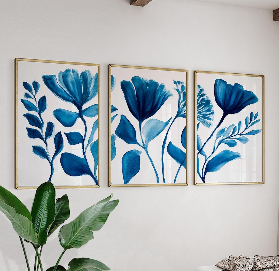 Blue Botanical Wall Art Posters | Abstract Floral Illustration Print ...