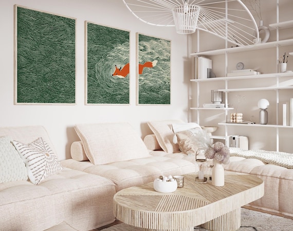 Japanese Fox Ocean Wall Art Set | Green Wave Triptych | 3 Posters