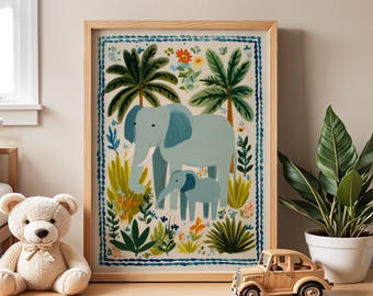 May include: Framed art print featuring a light blue elephant and baby elephant amidst lush greenery and palm trees. The artwork is set within a wooden frame with a blue border. A teddy bear and wooden toy car are on the wooden surface.