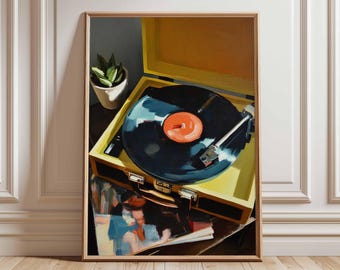 May include: A framed painting of a vintage record player with a black vinyl record and orange center label. The record player is yellow and open, with a silver tone arm. A small potted plant sits to the left of the record player.