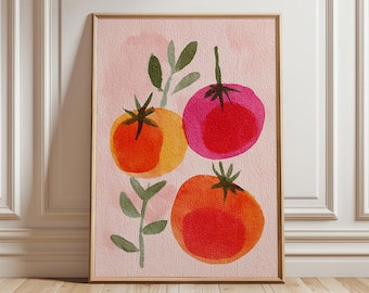 May include: Watercolor print of tomatoes in shades of red, orange, and yellow with green leaves on a pink background. The artwork is framed in a light brown wooden frame. The tomatoes are stylized with a watercolor effect.