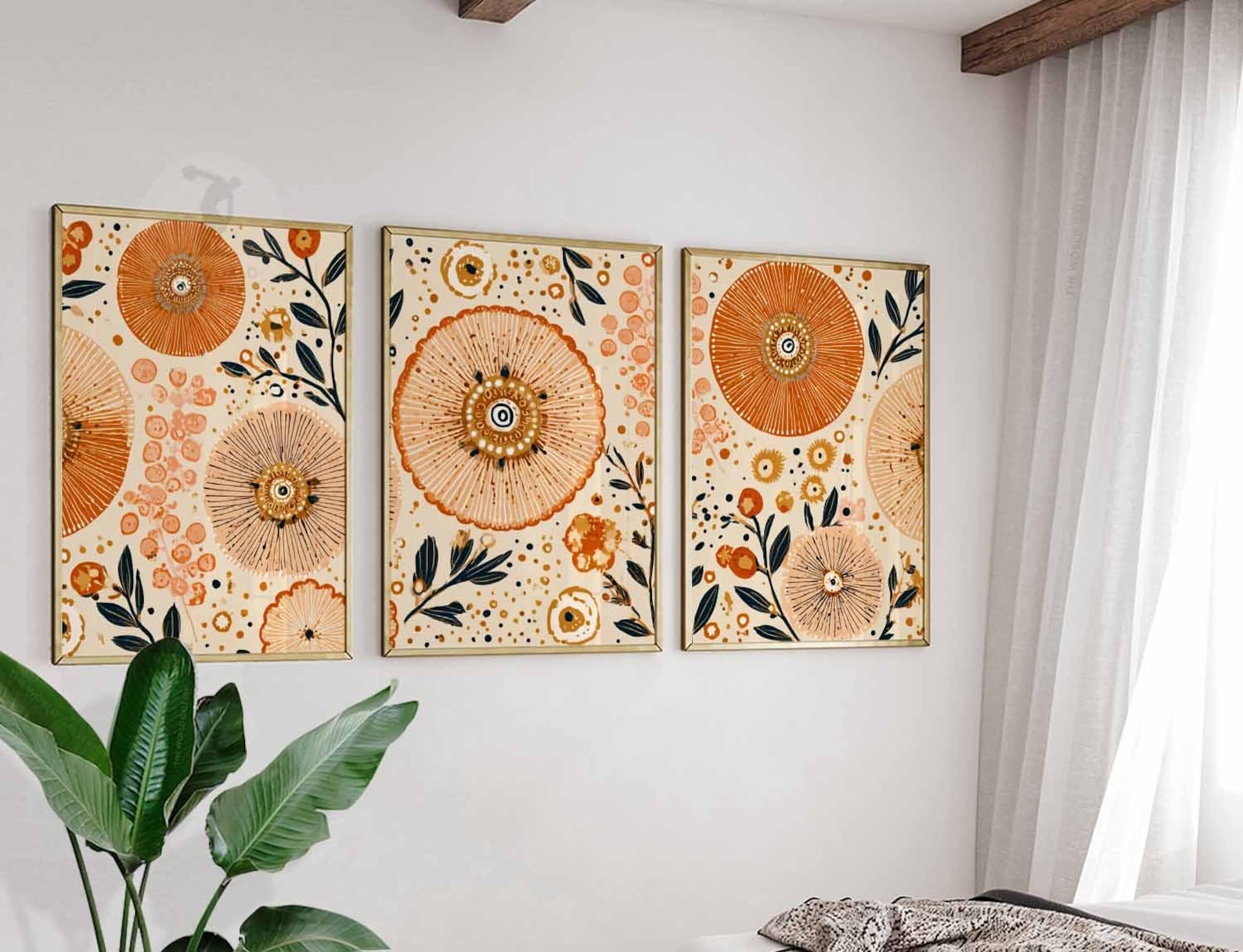 Boho Floral Wall Art Set of 3, Abstract Botanical Prints in Orange and ...
