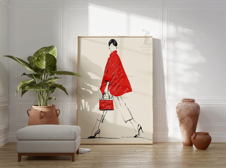 Red Coat Fashion Illustration Print | Minimalist Chic Woman Line ...