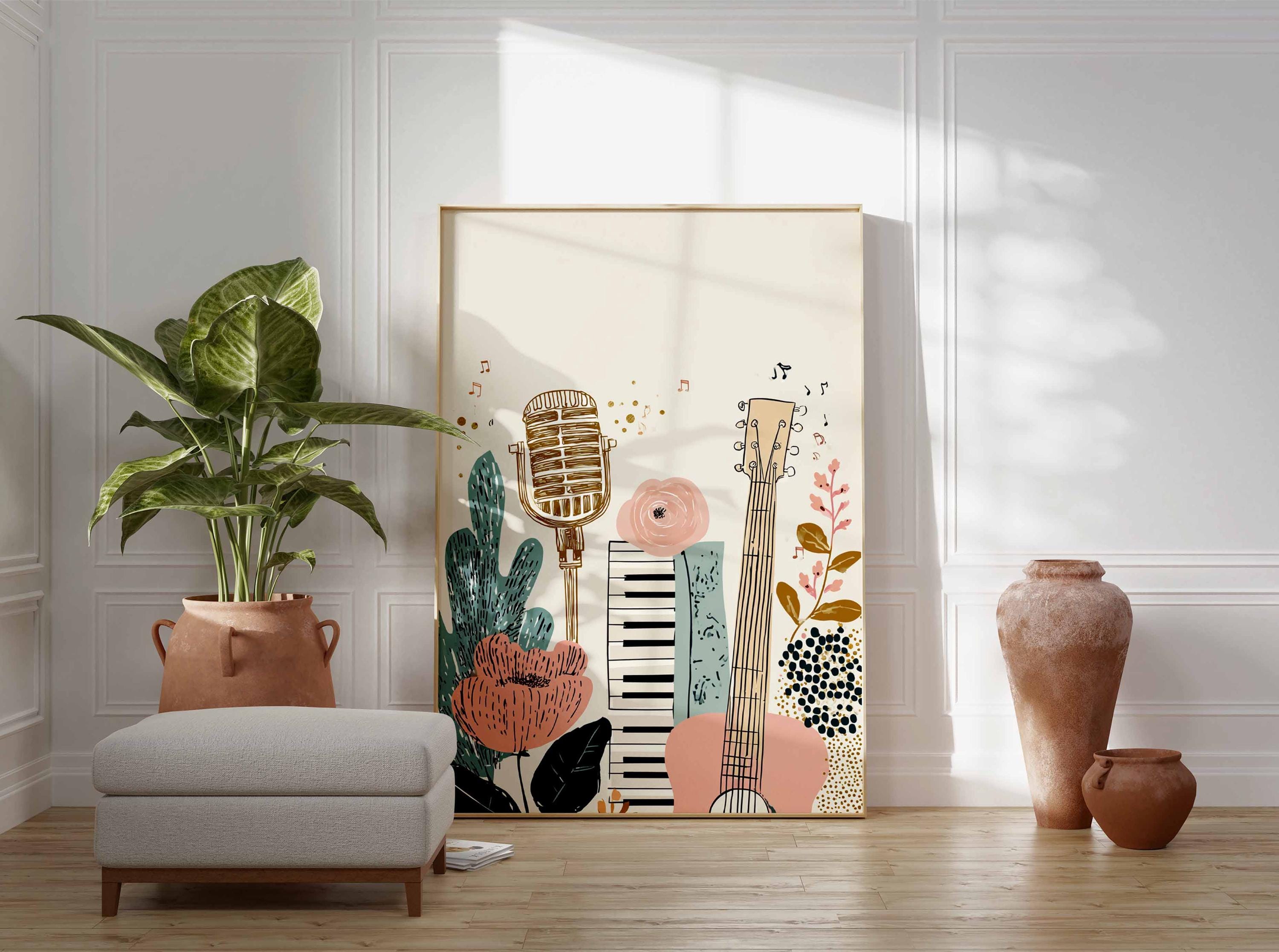Boho Music Art Print | Floral Guitar Wall Art | Retro Microphone
