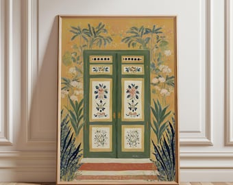 Green Yellow Door Poster | Botanical Folk Art Illustration | Decorative Wall Print