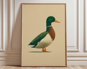 Stampa artistica vintage con anatra, poster minimalista di animali selvatici, decorazione in stile rustico.