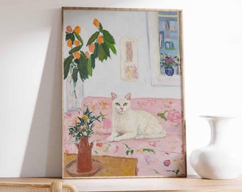 Lámina artística de gato blanco, estilo vintage, decoración acogedora para el hogar.
