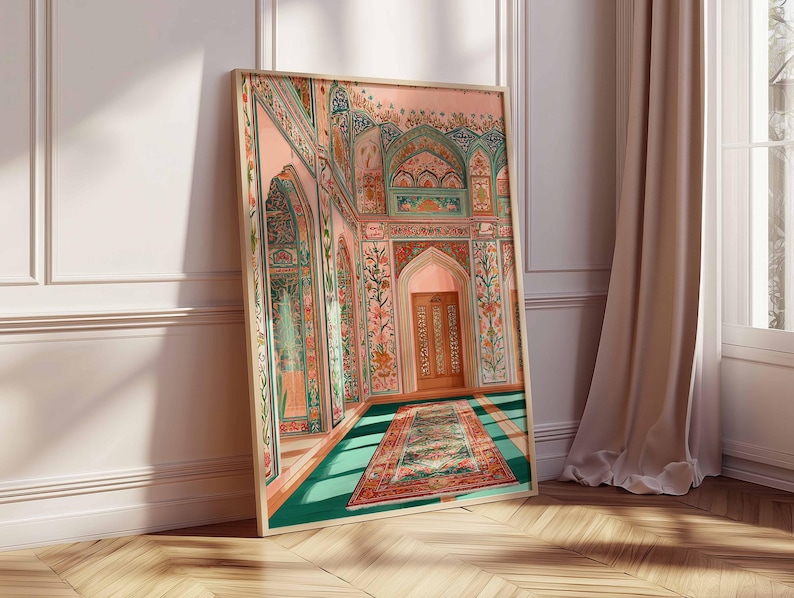 May include: A framed art print depicting an ornate interior scene. The artwork features a detailed rendering of a room with archways, floral patterns, and a patterned rug. The color palette includes pink, teal, and gold tones, creating a sense of historical elegance.