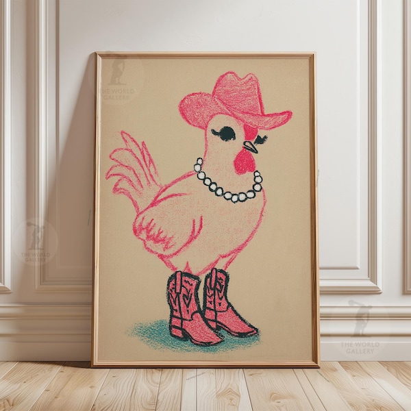 Cowgirl Chicken Poster | Funny Farm Animal Wall Art | Western Print