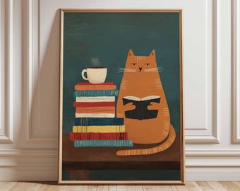 Stampa con gatto arancione che legge / Libri e caffè, decorazione murale stravagante