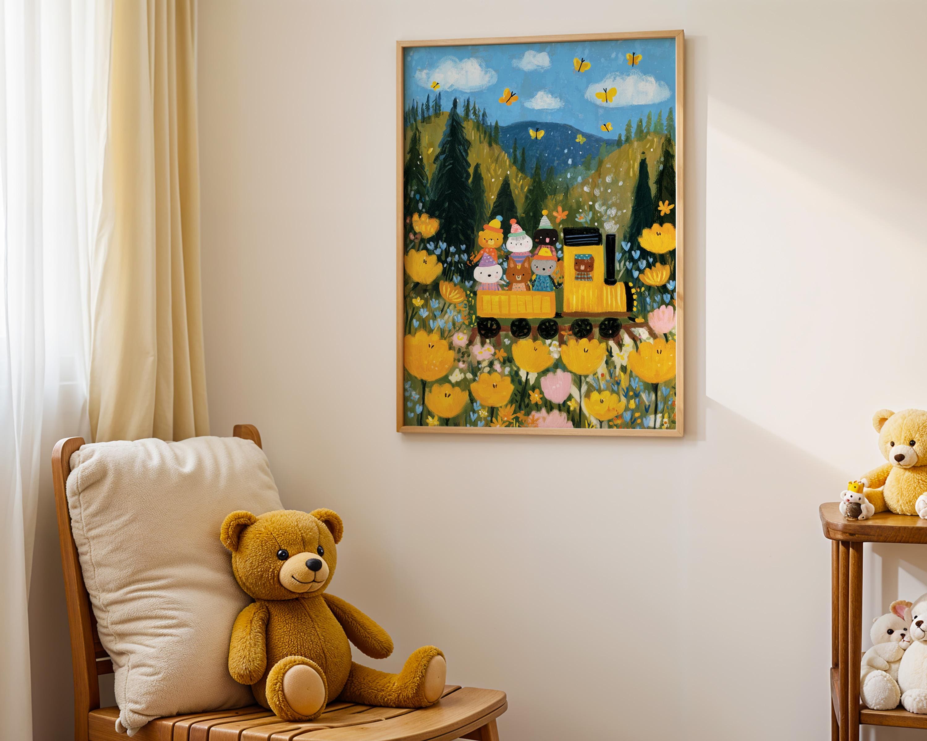 動物列車の子供部屋アート | 気まぐれな森の花のプリント - Etsy 日本