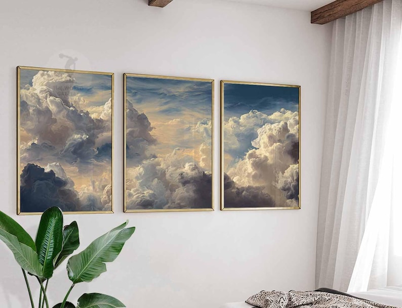 Clouds Bedroom Wall Art Set of 3 Prints, White Clouds Beige Sky Posters ...