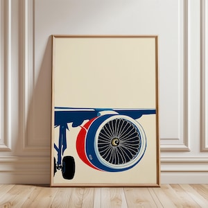 Könnte beinhalten: Gerahmter Kunstdruck mit einer stilisierten Illustration eines Flugzeugtriebwerks und Fahrwerks. Das Kunstwerk verwendet eine begrenzte Farbpalette aus Blau, Rot und Schwarz vor einem cremefarbenen Hintergrund. Das Triebwerk ist mit einem Lüfter und einem rot-blauen Gehäuse detailliert.