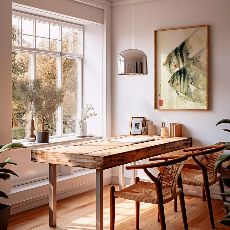 K&ouml;nnte beinhalten: Heller Innenraum mit einem Holztisch, Metallbeinen und zwei St&uuml;hlen mit Flechtwerk. Ein gerahmtes Fischkunstwerk h&auml;ngt an der Wand. Ein gro&szlig;es Fenster bietet einen Blick auf B&auml;ume. Eine silberne Pendelleuchte h&auml;ngt &uuml;ber dem Schreibtisch.