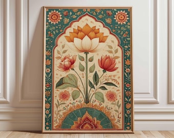 Väggkonstposter med lotusblomma, indiskt botaniskt tryck, traditionell blomillustration, bohemisk heminredning, poster med vintagemandala-stil