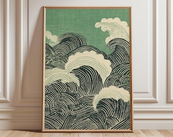 May include: A framed art print featuring a stylized depiction of ocean waves. The artwork uses a palette of teal, cream, and off-white, with the waves rendered in curved lines. The print is set against a teal background and framed in a light wood.