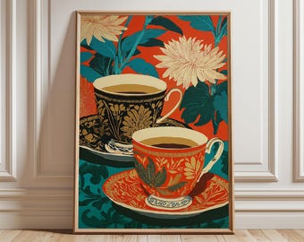 Vintage Tea Cup Art Print, Botanical Still Life Poster