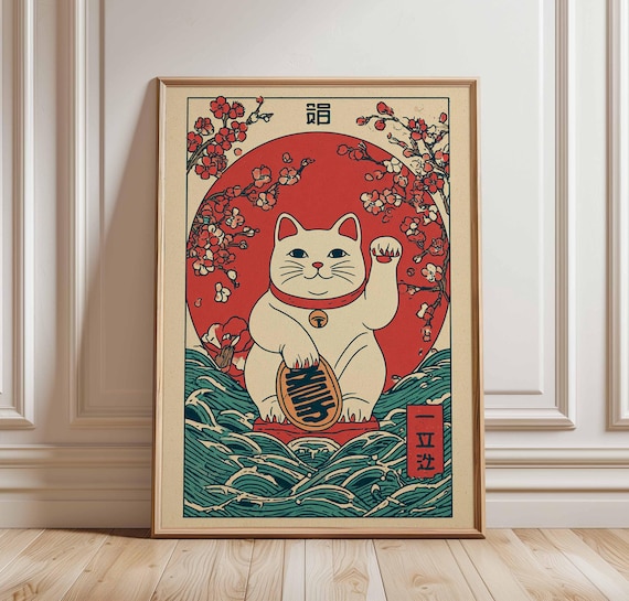 Maneki Neko Lucky Cat Poster, Japanese Good Fortune Art - Etsy