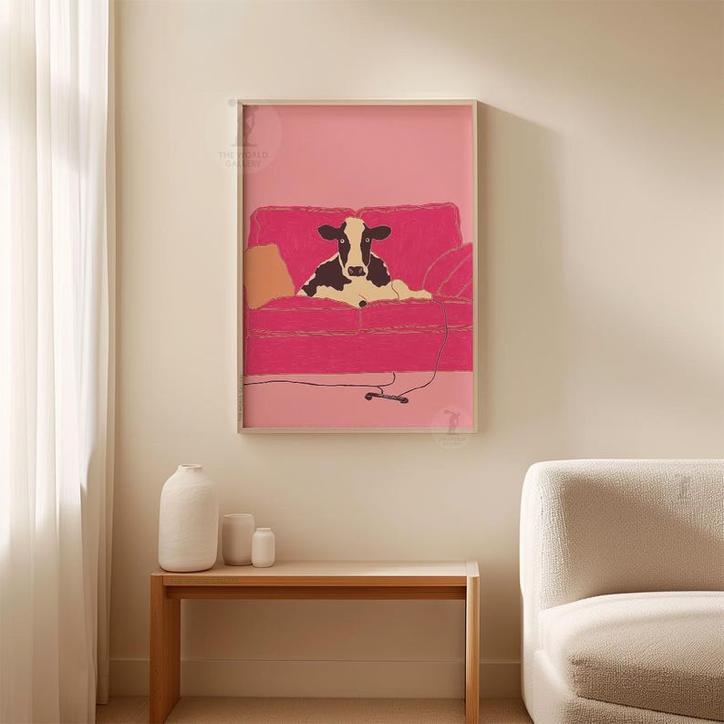 Pink Cow Poster | Minimalist Animal Illustration | Naive Line Art Wall ...