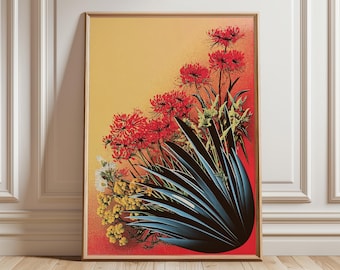 Póster botánico japonés, lámina artística de lirio araña rojo.