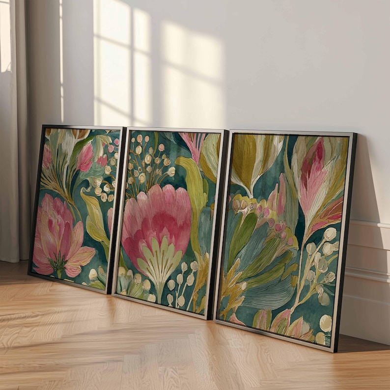 Botanical Wall Art Set of 3, Vintage Protea Floral Prints, Green and ...