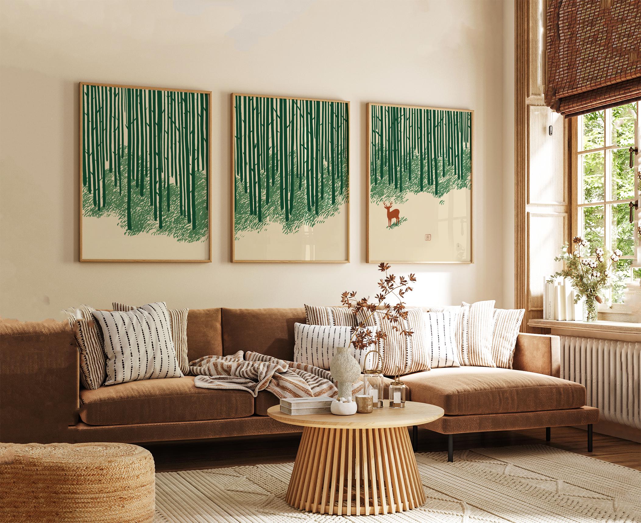 Green Forest Wall Art Print Set | Minimalist Woodland Posters | Nature ...