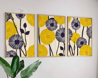 Conjunto de estampados florales amarillos, arte mural botánico moderno en índigo, trío minimalista