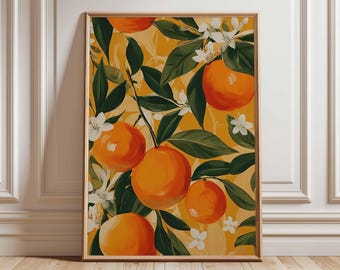 Orangenhain Wand Kunst Druck, Zitrusfrüchte Poster, Botanische Küche Dekoration, Mediterran Sommer Kunstwerk