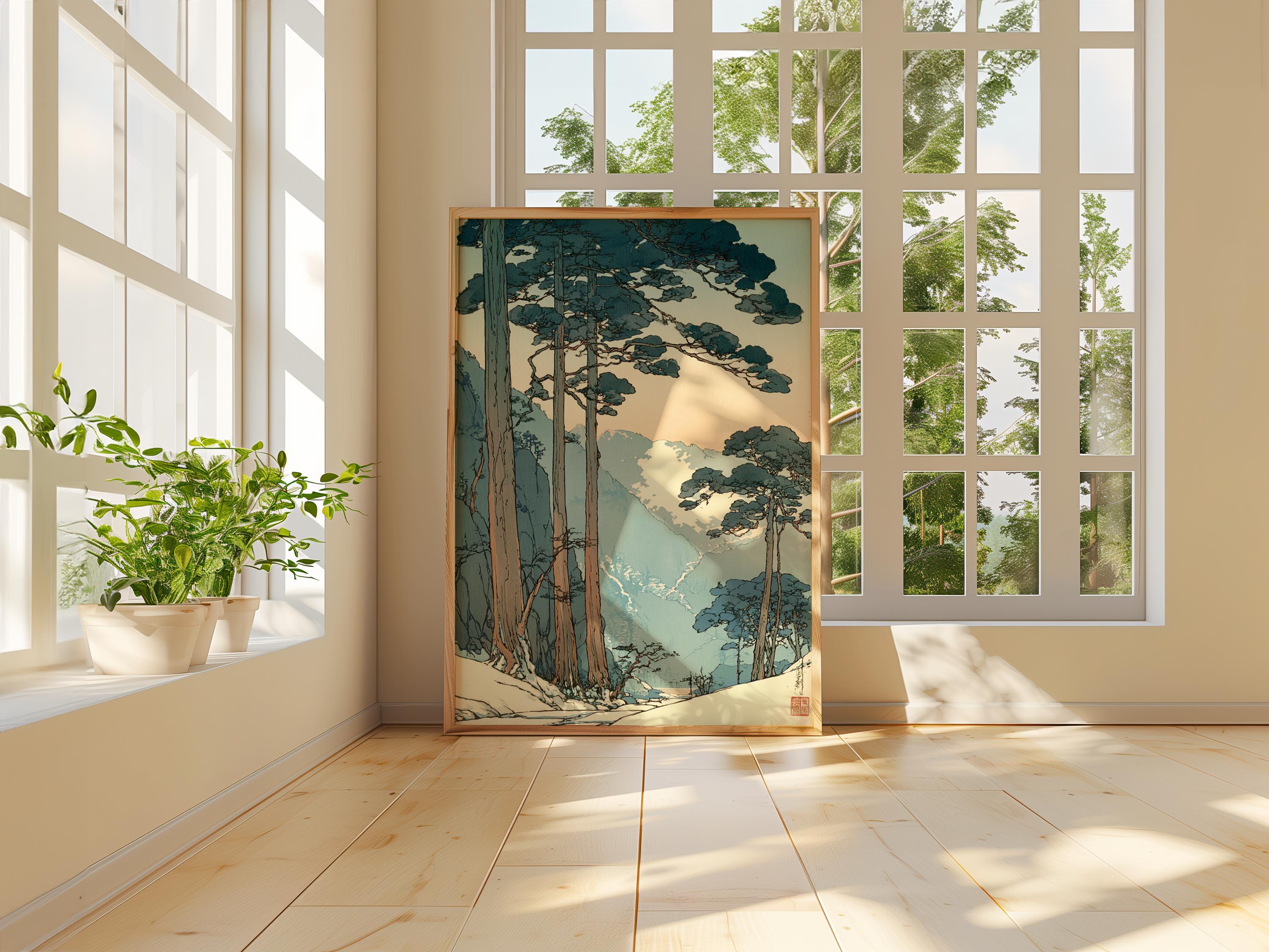 Vintage Japanese Forest Poster, Tranquil Mountain Landscape Wall