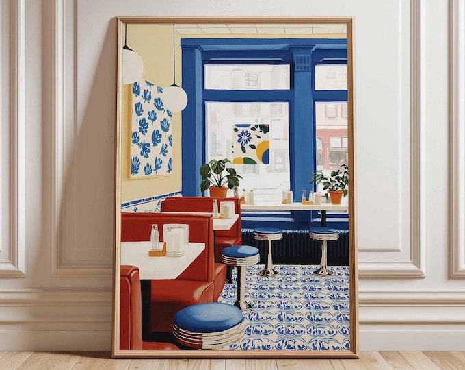 Retro Diner Art Print, Mid-Century Cafe, Red Booths, Blue Accents