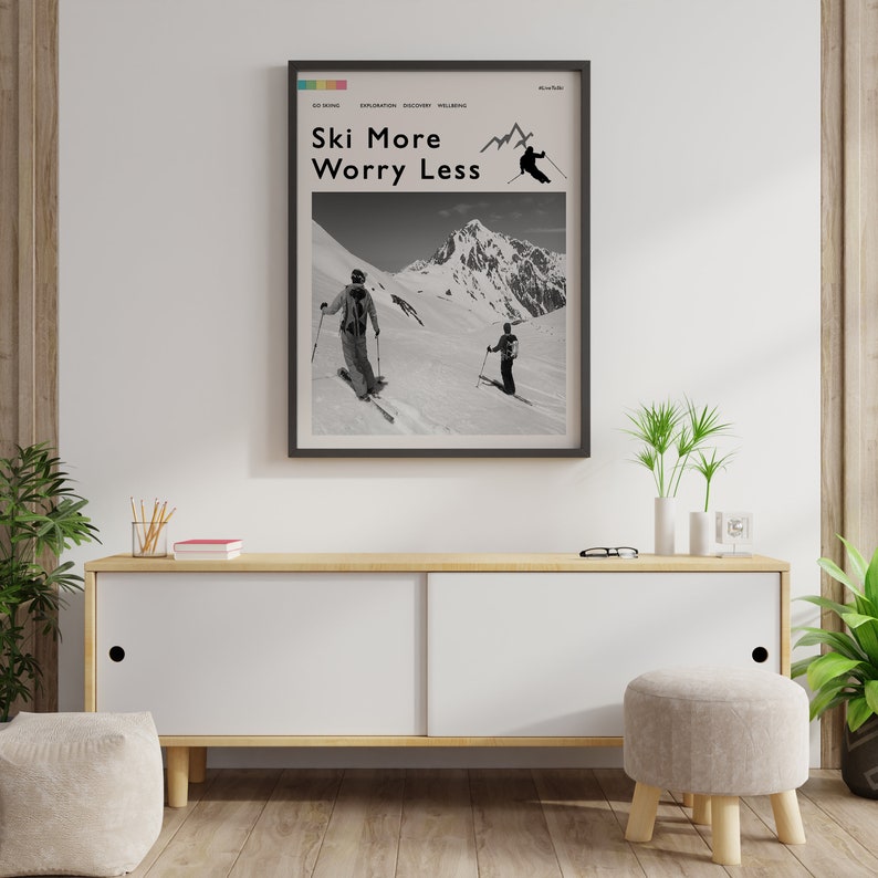 Ski More Worry Less Poster, Skiing Alps Outdoor Adventure Art Print, Winter Sport, Black And White Vintage, Skiing Gift Idea, Scenery Nature image 3