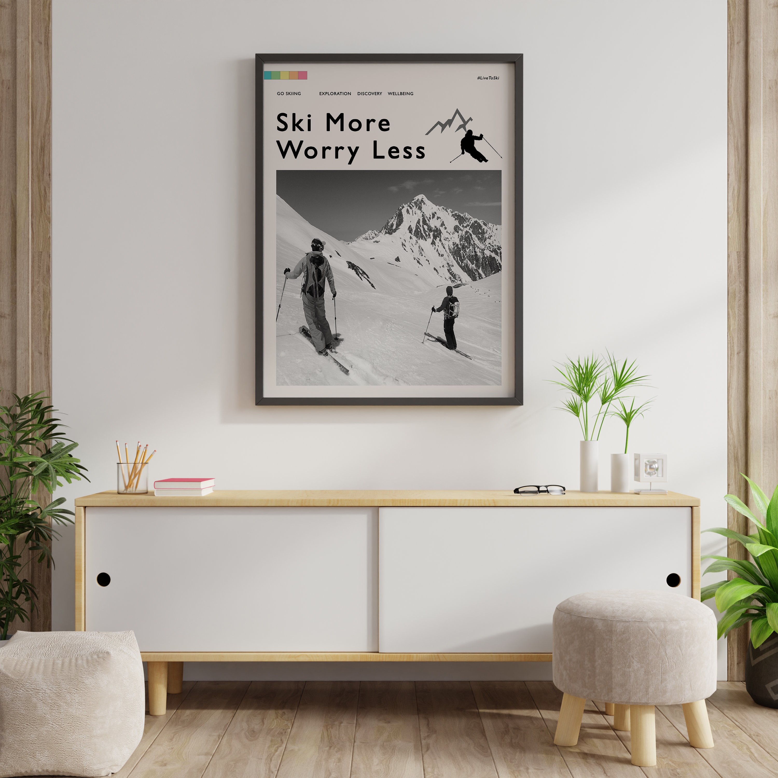 Ski More Worry Less Poster, Skiing Alps Outdoor Adventure Art Print ...