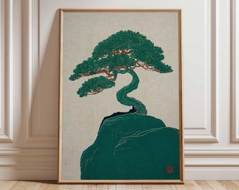 Può includere: Stampa incorniciata con un albero bonsai verde stilizzato su una formazione rocciosa verde scuro. Il tronco dell'albero si curva con grazia, con uno sfondo beige neutro. L'opera d'arte è in una cornice di legno.